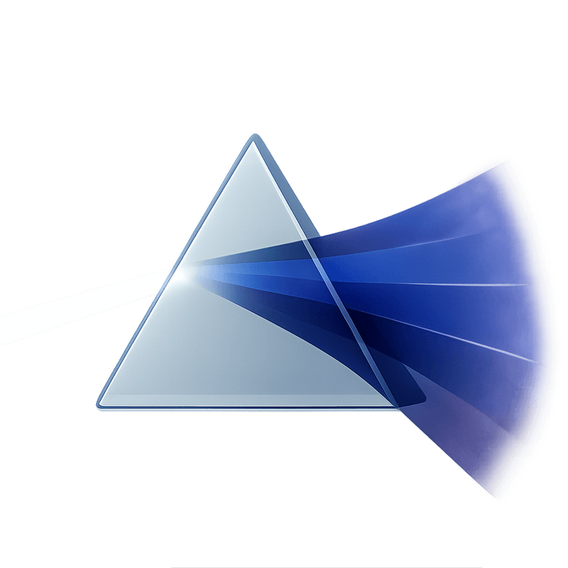 White light entering prism from left, dispersing into blue and purple beams on right